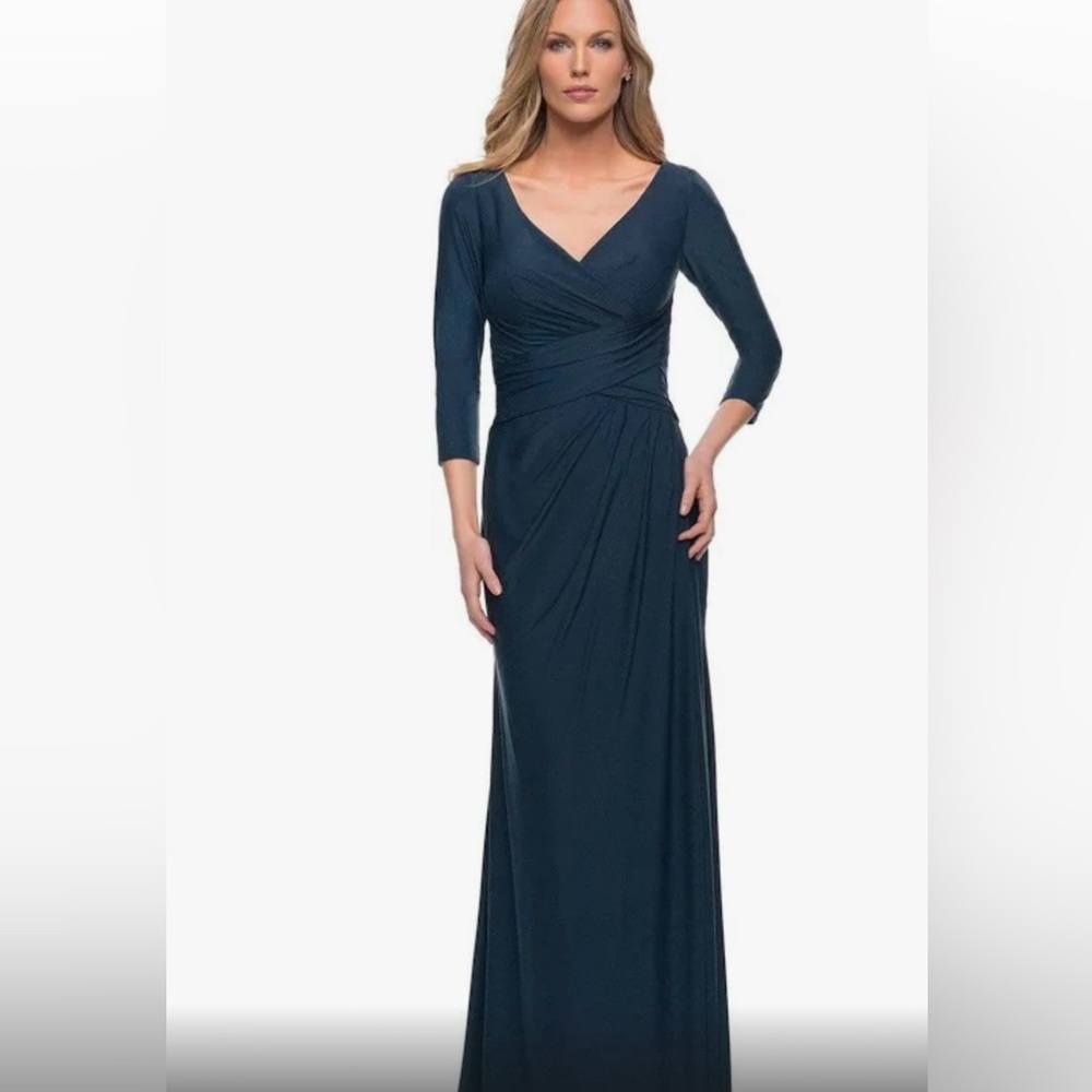La Femme 29223 Teal Blue Long V-Neck Evening Gown Semi-Formal size 12 New NWT